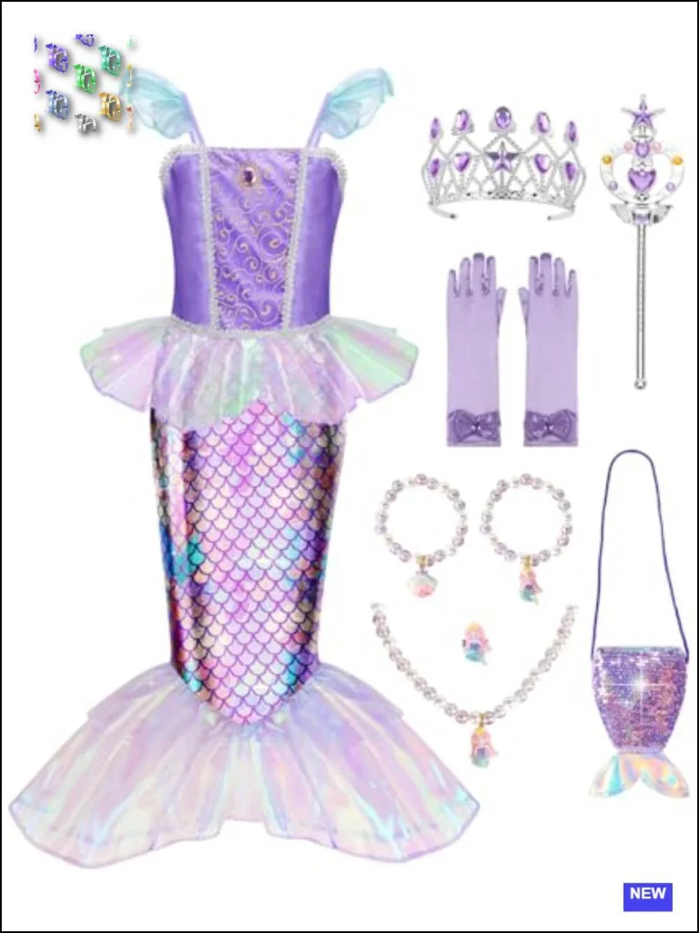 Mermaid Princess Dress Up Costume for Girls 3-10 with Accessories, Polyester